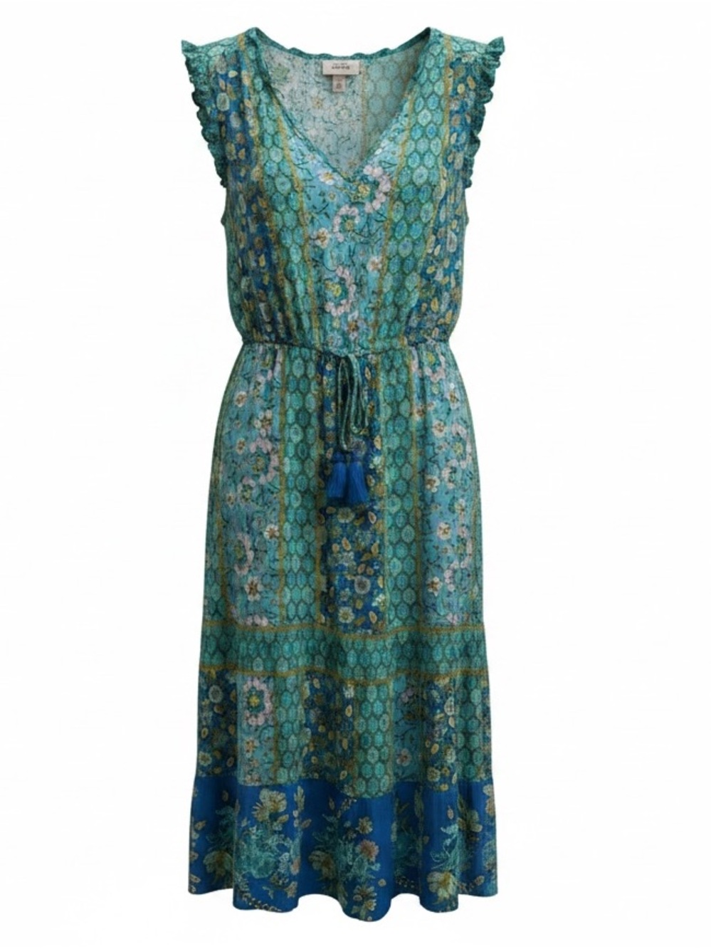 Knox Rose Teal and Blue Floral Midi Dress with Tassel Tie